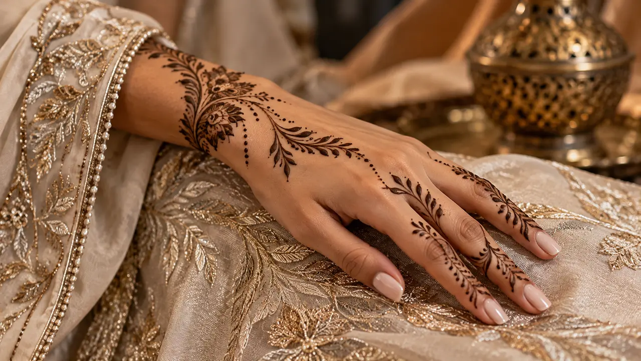 Motif floral au henné sur le dos de la main