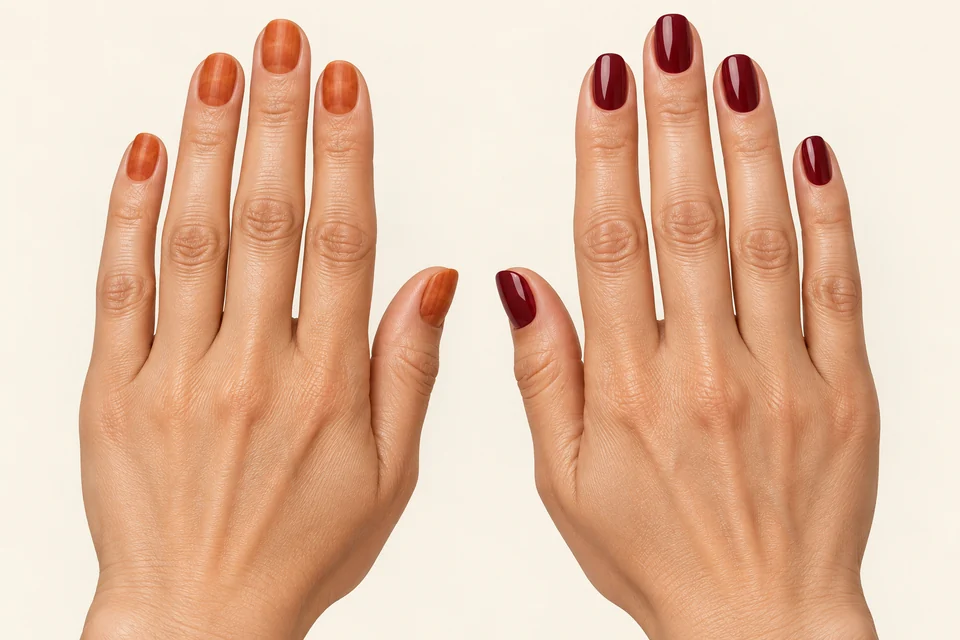Illustration comparant des ongles colorés et un film de vernis