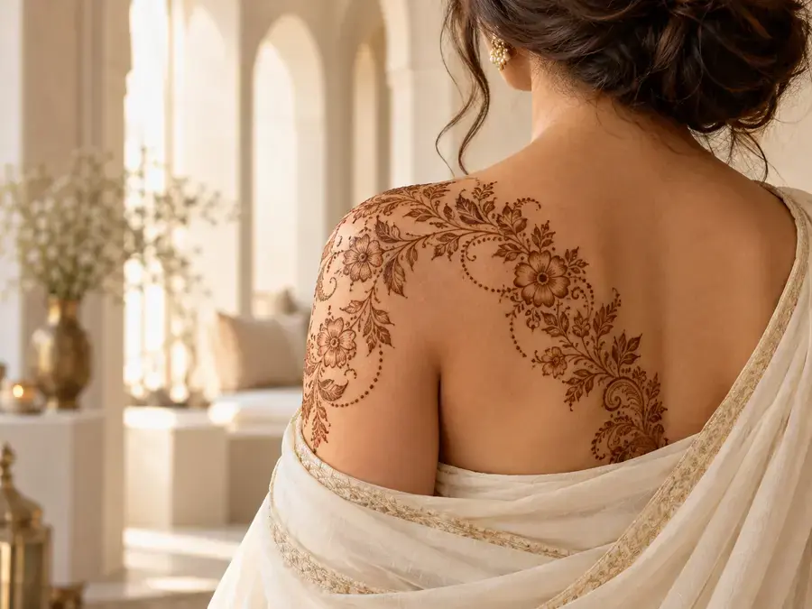 Motif floral au henné naturel dessiné dans le dos