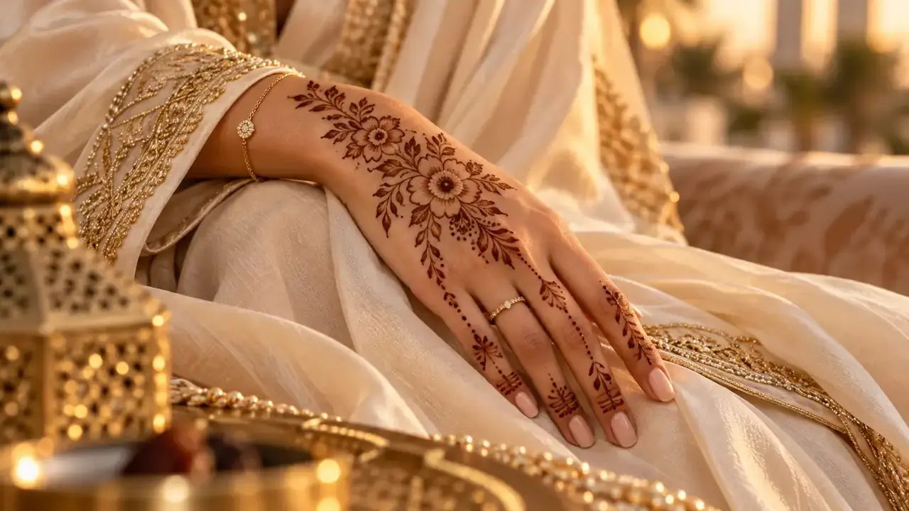 Motifs floraux et géométriques au henné sur des mains